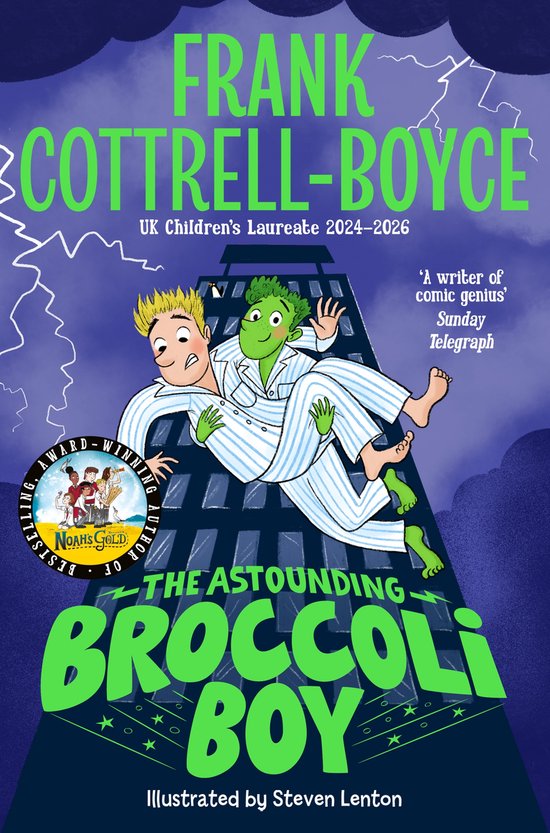 Boekomslag: Frank Cottrell-Boyce, 'The Astounding Broccoli Boy', een jongen in pyjama die samen met een groen monster van een dak valt.