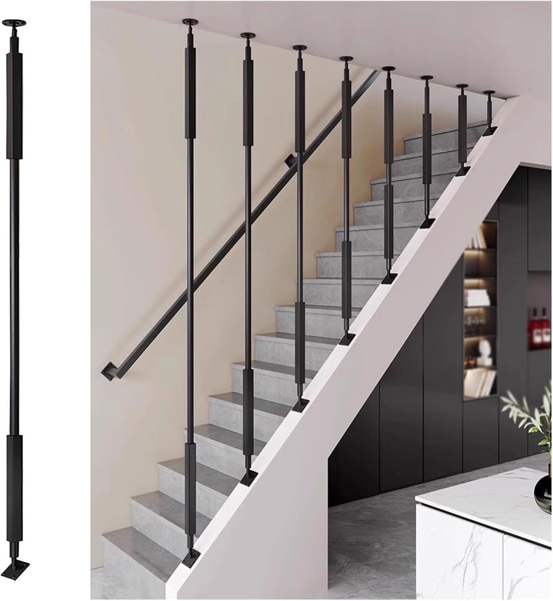 Zolder Trapleuning Paal - Smeedijzeren Spil - Hekwerk Installatie - Verstelbare Beugels - 170cm Hoog - Zwart
