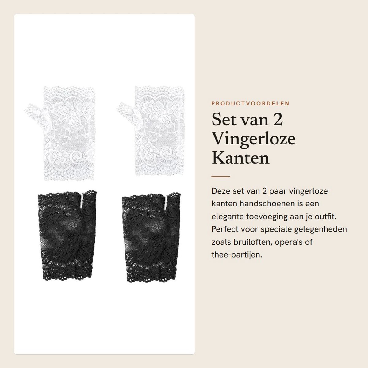 Vingerloze kanten handschoenen - 2 paar bruidshandschoenen voor bruiloftsfeest Halloween opera diner thee-party