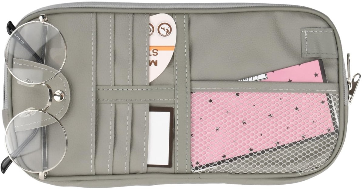 Dailygoods- Zonneklep Organizer Grote Capaciteit - Organizer voor Auto - PU-Leer - 30,5 x 15 cm - 1 Brillenhouder/7 Kaarthouders - Eenvoudige Installatie