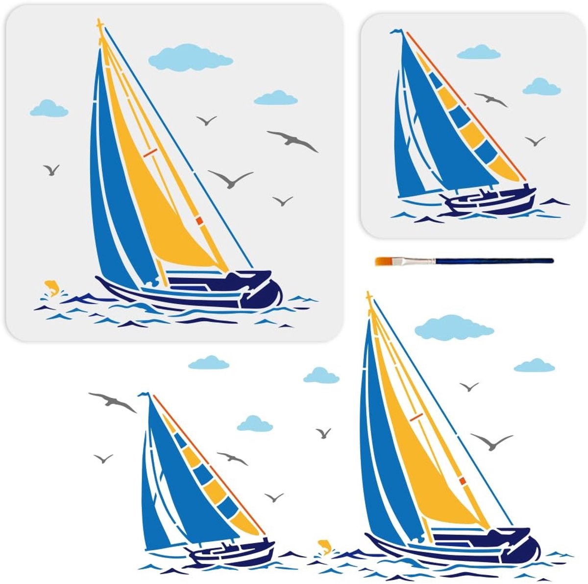 Dailygoods- Zeilboot Stencil Set - 2 Stuks - 20 × 20/30 × 30 cm - Nautische Sjablonen - DIY Craft - Verf Borstel - Hout/Canvas - Sjabloon