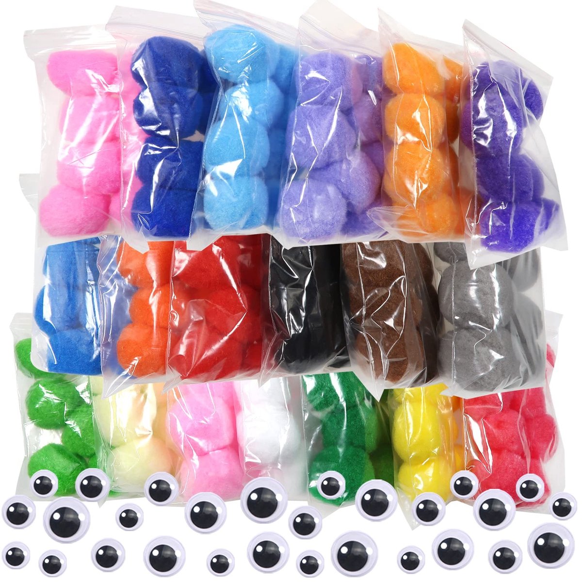 Dailygoods- Pompons 100 Stuks - Meerkleurig 4 cm - Beweegbare Ogen 5/6/8 mm - Handwerk Decoratie - Knutselen - Zacht Polyester - Knutselmaterialen