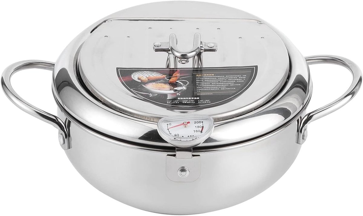 Frituurpan met Thermometer - Japanse Stijl Pan - Perfect Frituren - Roestvrij Staal - 27 x 26 x 12 cm