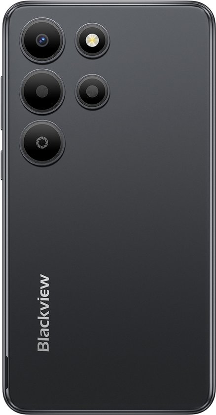 Zwarte smartphone, achterkant met 4 camera's en logo.