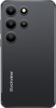Zwarte smartphone, achterkant met 4 camera's en logo.