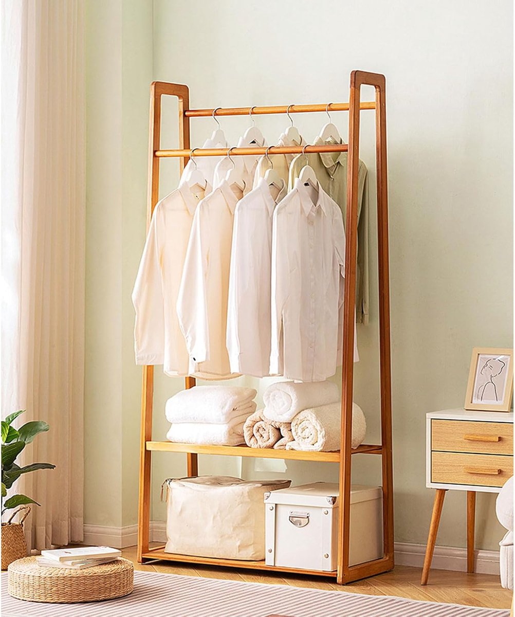 Kledingrek Bamboe - Kledinghanger Staand - Kleding Opbergen - Met Opbergplank - 80 cm Breed - Natuurlijk