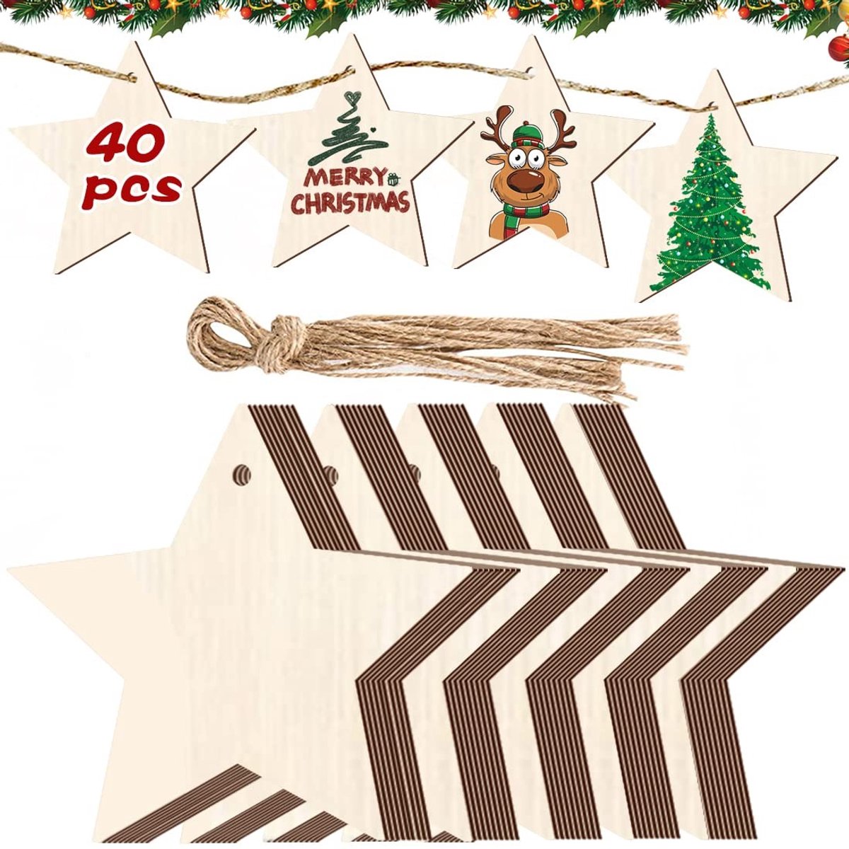 Dailygoods- Kerstdecoratie 40 Stuks - Houten Kersthangers - Cadeauhangers - Sneeuwvlokken - DIY Boomversiering - Afmetingen 8x8,5 cm - Kerstversiering