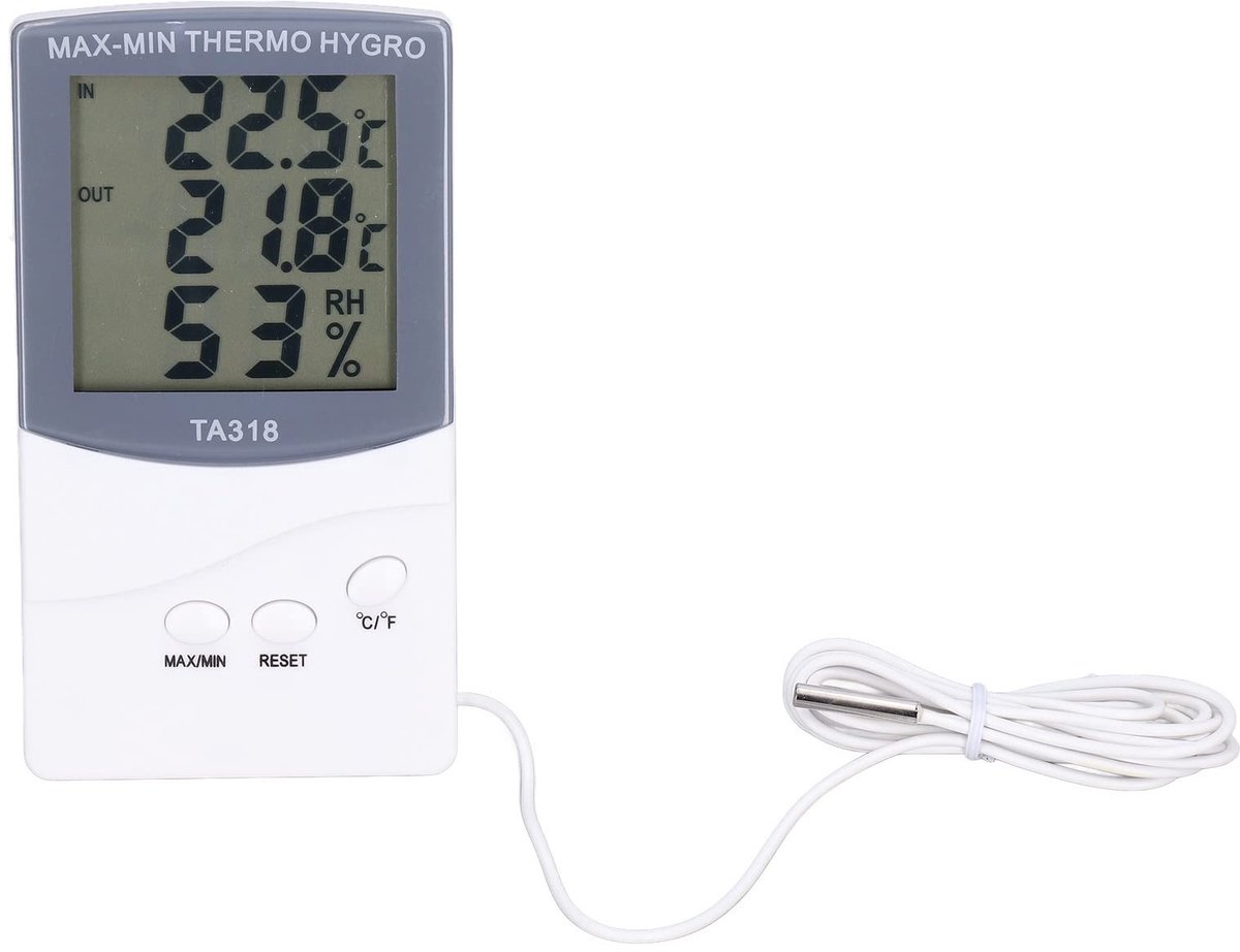 Dailygoods - Binnen Buitenthermometer - Temperatuur- en Vochtigheidsmeter - Modern Design - Met Sonde - Instelbare Graden Celsius of Fahrenheit - Gesc...