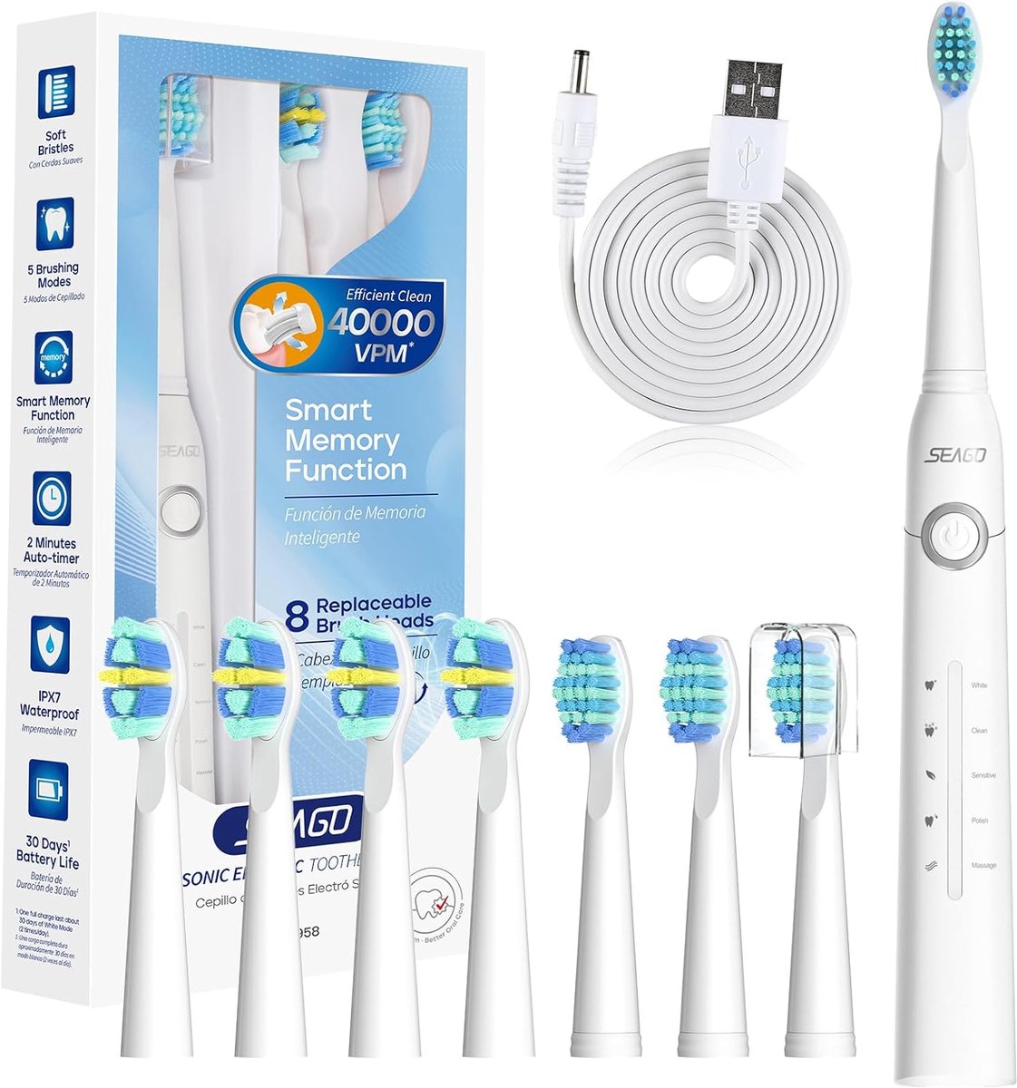 Elektrische tandenborstel - Sonische borstel - Optimale mondhygiëne - 5 poetsmodi - 8 koppen - Wit
