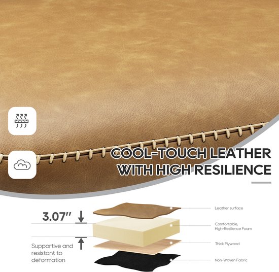 Detail van bruin PU-leer met stiksels, "Cool-Touch Leather with High Resilience". Lagen van de zitting getoond.