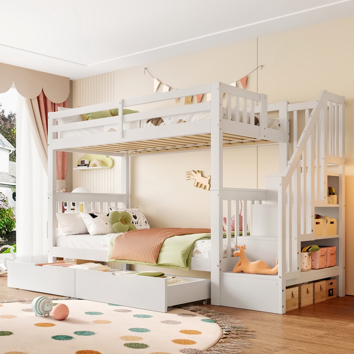 MEUNIQ stapelbed 90x200 cm met trapkast, 2 lades en hoge reling, kinderkamer bedframe van grenenhout en MDF, EN 747-1, wit