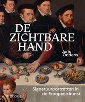 Boekomslag met de titel 'DE ZICHTBARE HAND' en 'Joris Oddens', met een schilderij van een groep mannen en een jongen rond een tafel met eten.