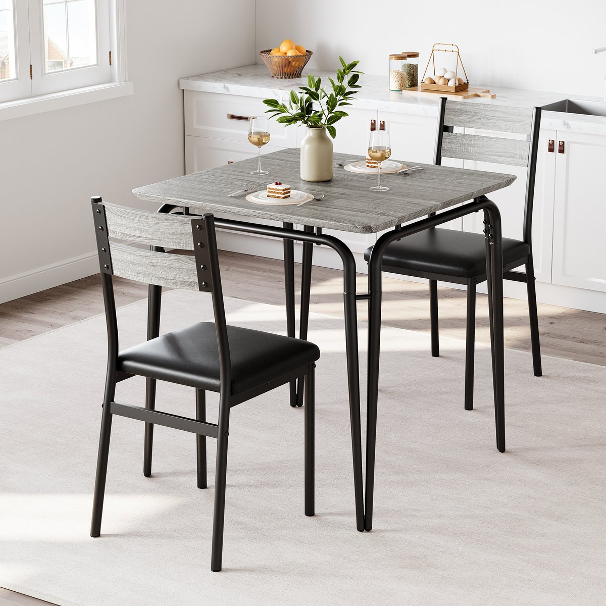 Eettafel Set 3-delig - 74x74x76cm - Keukentafel met 2 Beklede Stoelen - MDF Tafelblad - Ruimtebesparend Vintage Eettafel Set - voor Eetkamer Woonkamer of Appartement - Grijs