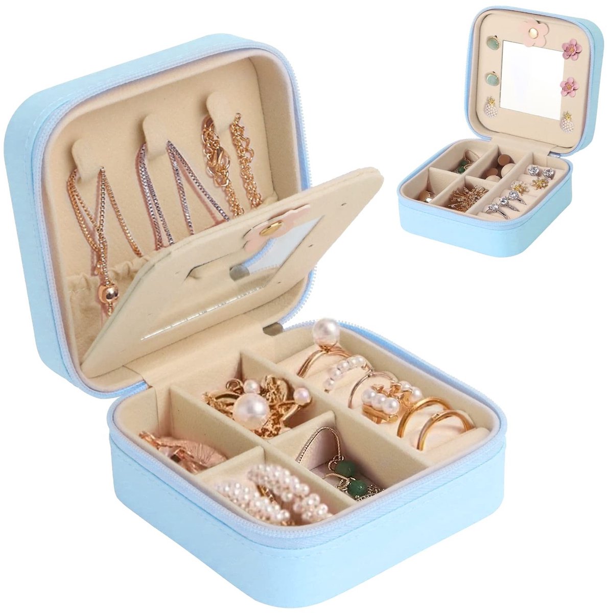 Dailygoods- Sieradendoos Reizen - Kleine Sieraden Opbergkoffer - Juwelenkistje - Sieraden Organizer - Drie Lagen - Spiegel - Juwelendoos