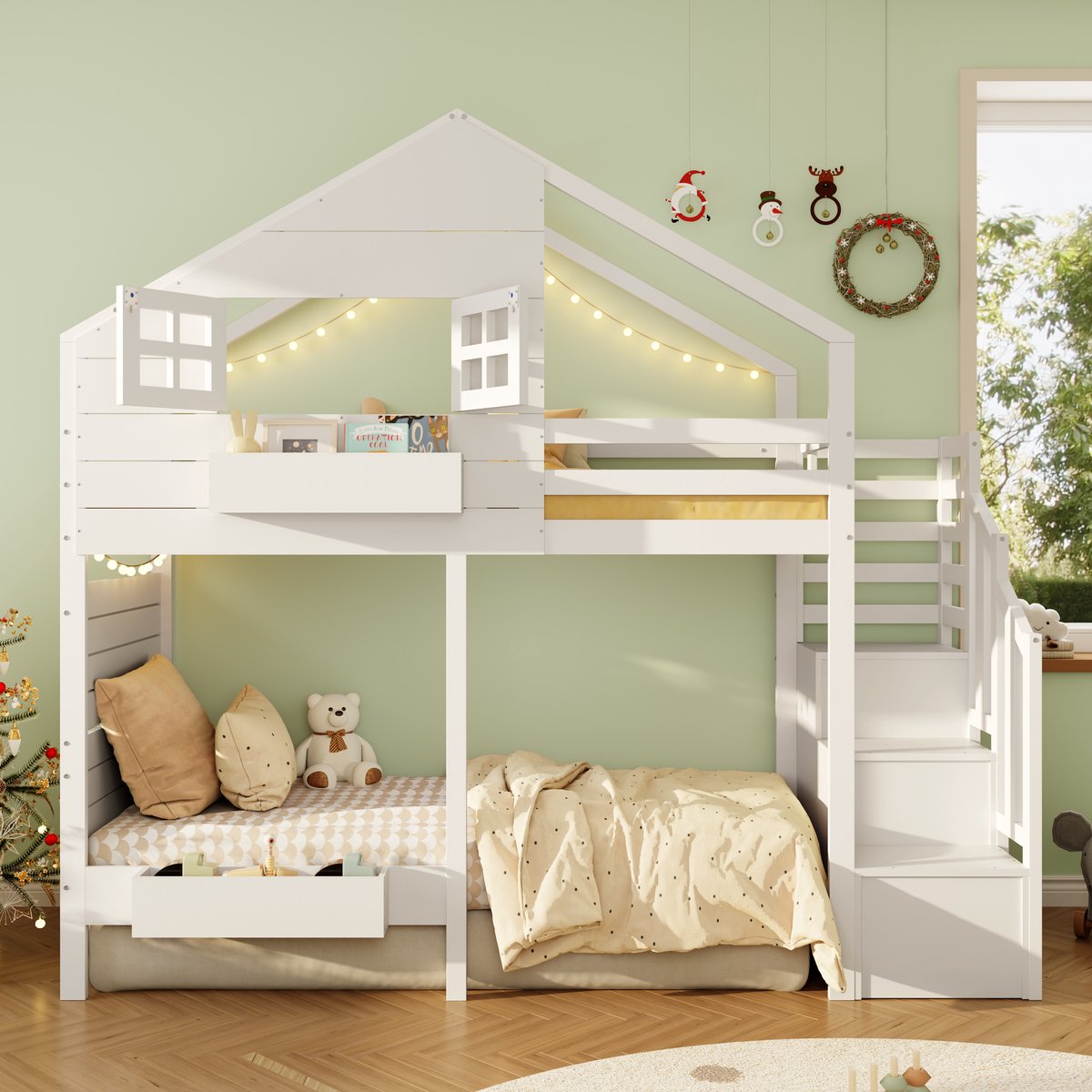 MEUNIQ Stapelbed 90x200 cm met uitvalbeveiliging, opbergtrap, raam en lattenbodem, houten kinderbed voor kinderkamer, wit