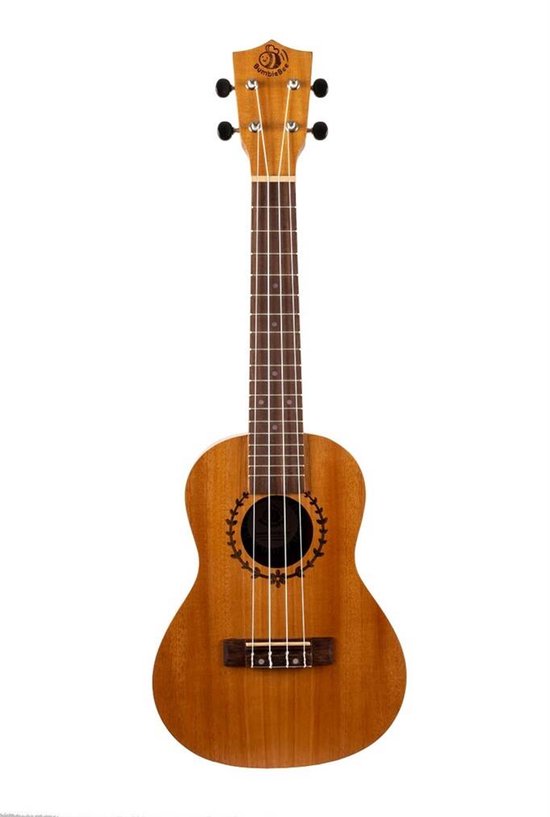 Een natuurkleurige houten concert ukulele van Bumblebee met rondom de klankgatdecoratie.