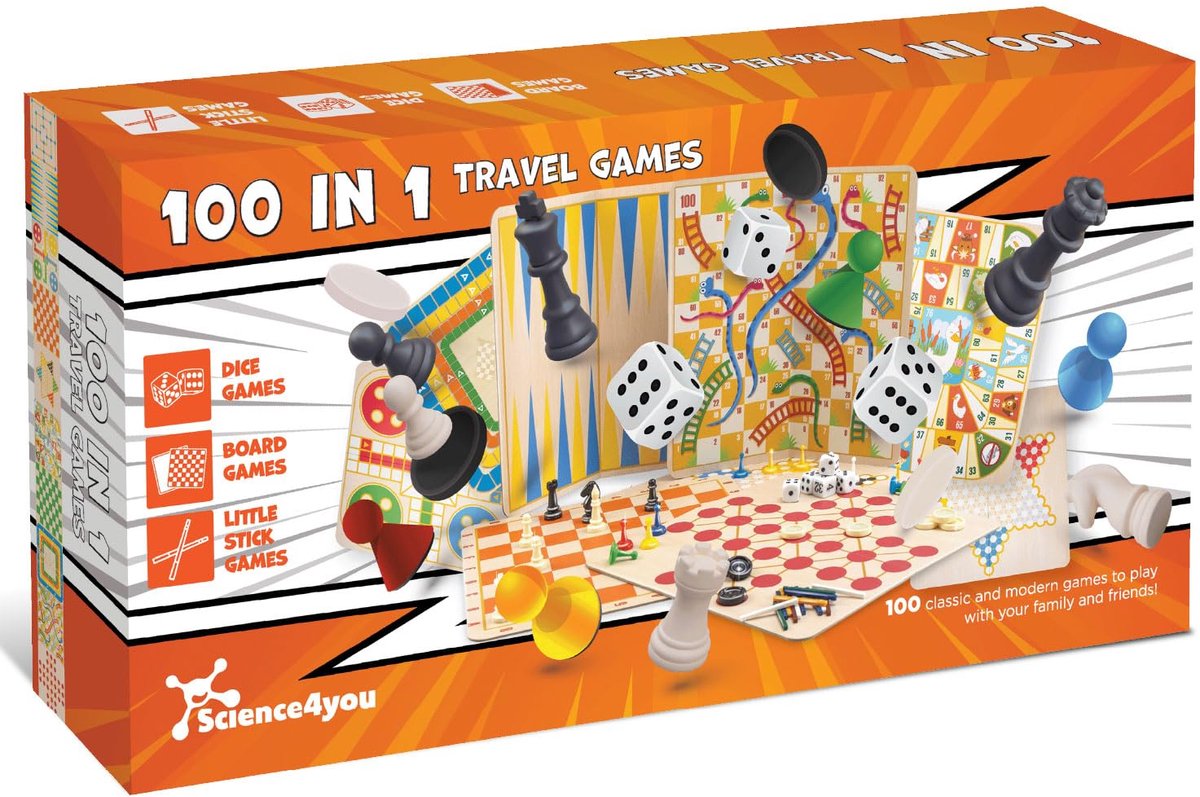 Science4you 100-in-1 Reisspellen - Reisformaat Bordspellen voor Gezin, Kinderen en Volwassenen met Klassieke Spellen zoals Schaken, Dammen, Slangen en Ladders, Mens-Erger-Je-Niet en Meer