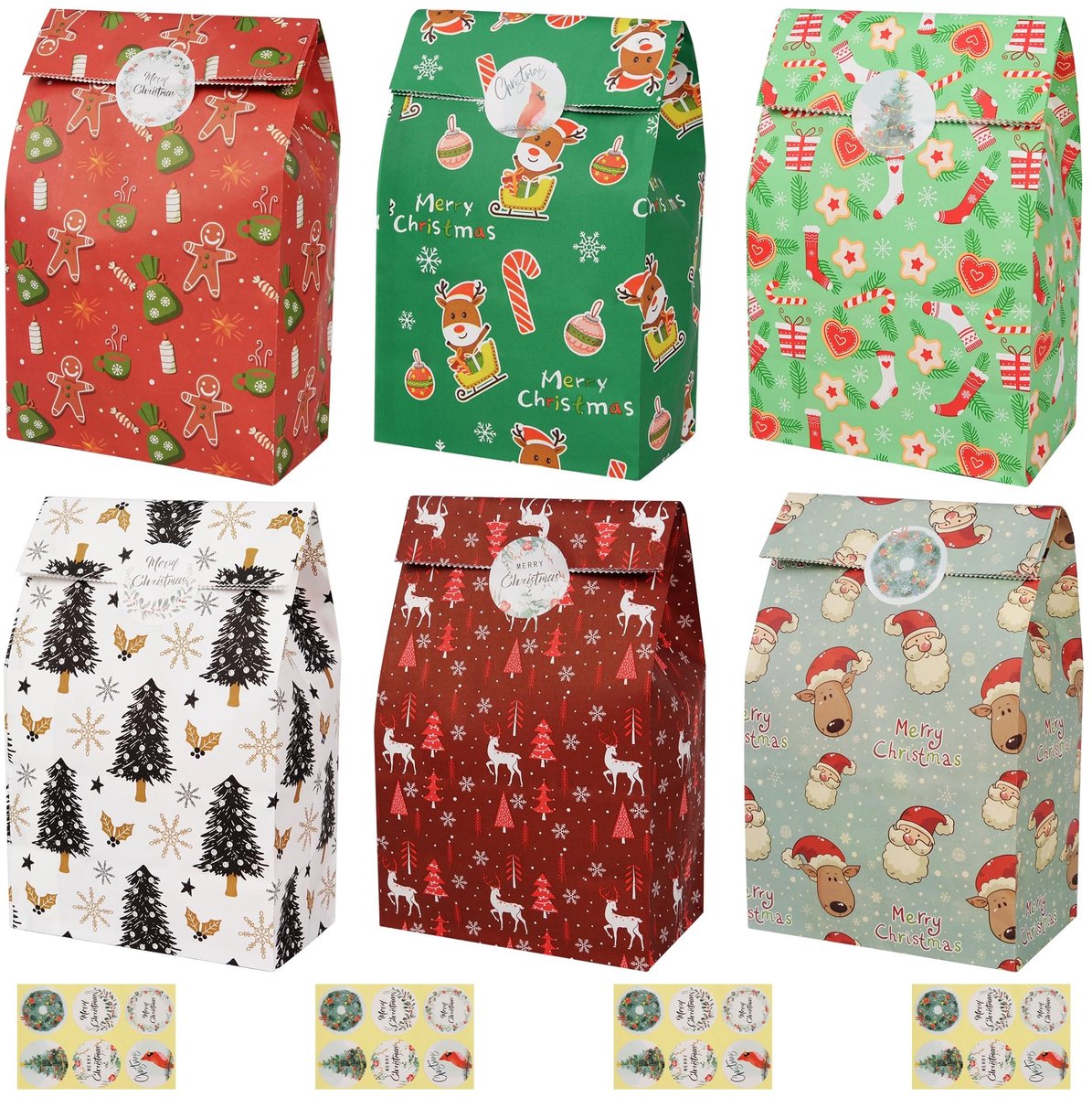 Dailygoods- Kerstcadeauzakjes 24-delig - Papieren Feestzakjes - Snoepzakjes - Kerstthema - Afdichtingsstickers - Afmetingen 23 x 7,5 x 12 cm