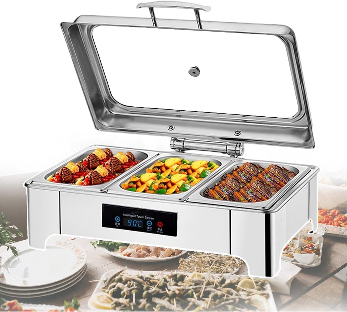Elektrische voedselverwarmer Warmhoudlade buffet Gerechten warm houden Digitale temperatuurregeling 135 liter capaciteit Zilver