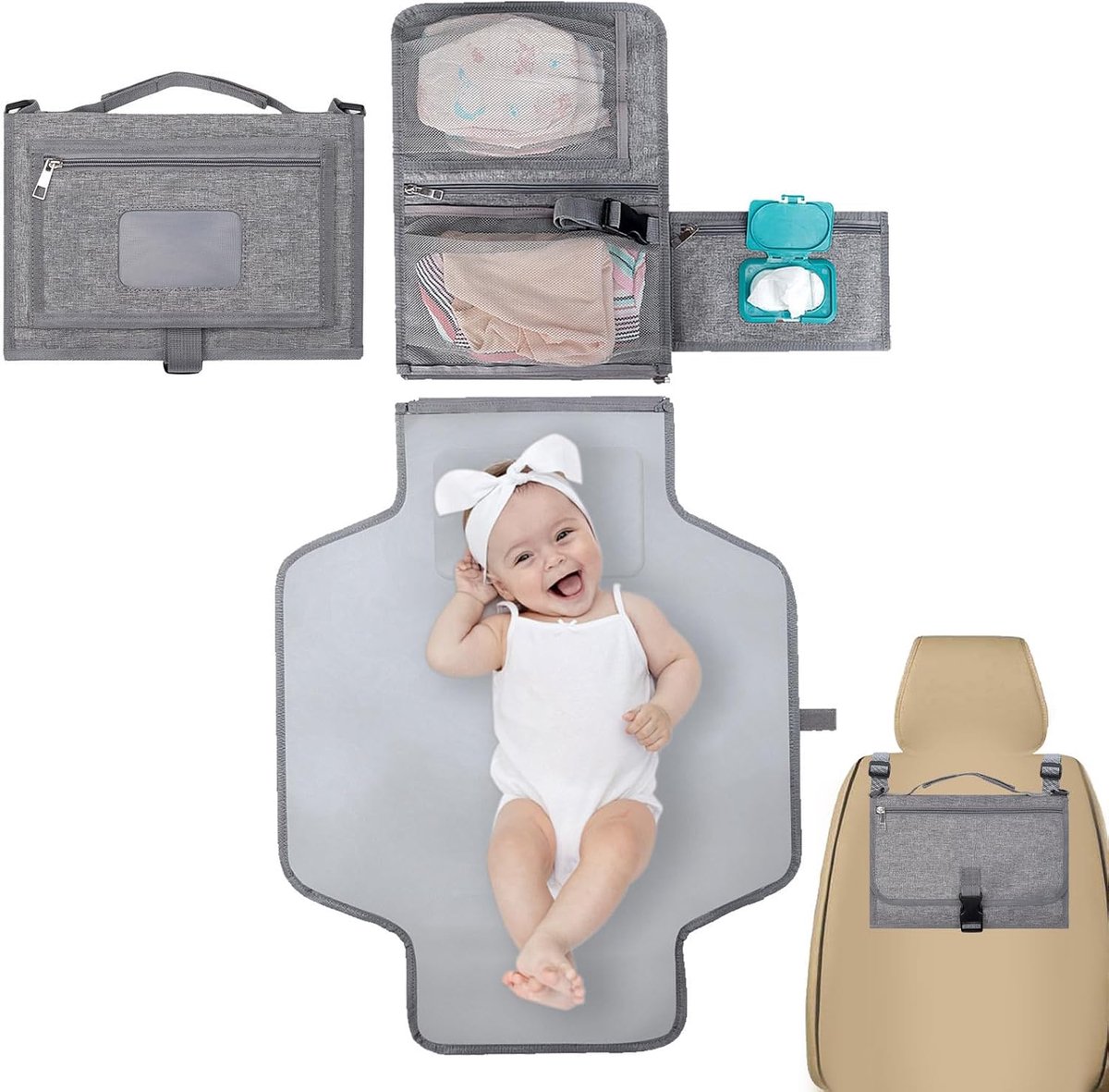Draagbaar Aankleedkussen - Wisselstation Mat - Baby Verzorgen Onderweg - Waterdicht en Afneembaar - 55x115 cm Uitgevouwen - Grijs