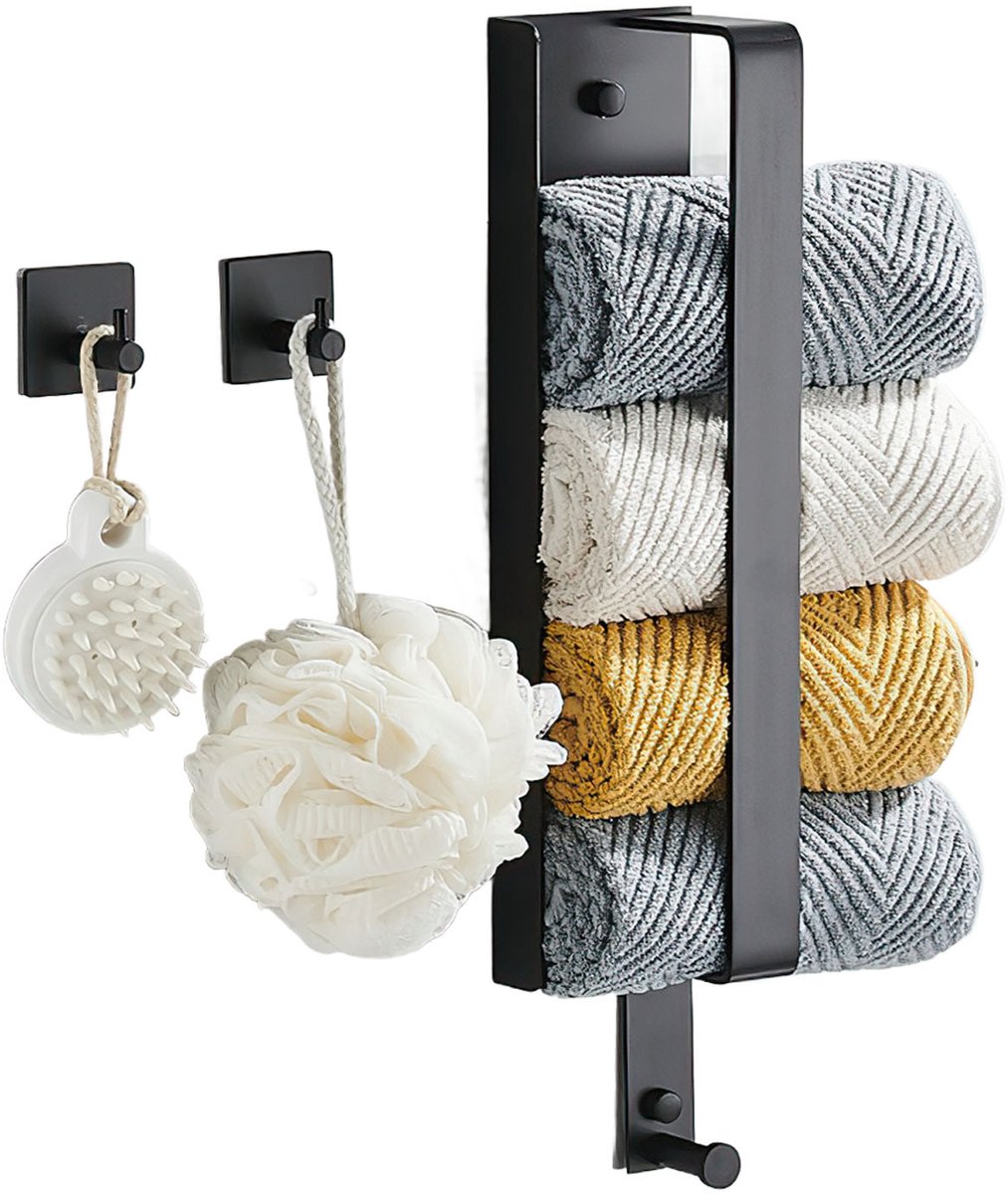 Wand Handdoekrek van Aluminium-Handdoekhouder met 2 Haken-Badkamer Handdoekrek-Zonder Boren of Met Boren te Monteren-Roestbestendig-43,5 cm