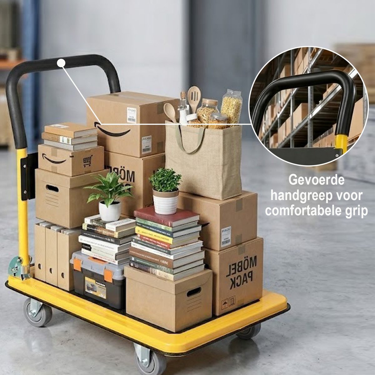 Plateauwagen 300kg - Opvouwbaar - Steekwagens & Transportwagen - 90x60cm - Heavy Duty Platformwagen Staal - Magazijnwagen met Anti-slip & Duwstang - Trolley voor Verhuizing, Garage, Bagage & Pakketten - Handwagen met 12cm Wielen – foto 4