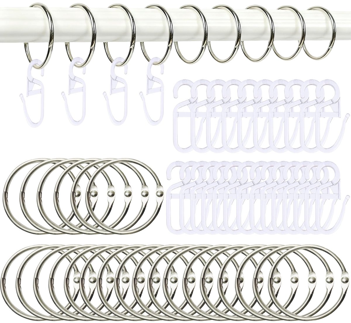 Dailygoods - Gordijnringen, 30 stuks, 38 mm gordijnringen met haken, geschikt voor gordijnen en douches, gordijnhaken voor ringen, gordijnringen voor alle soorten gordijnen (38 mm)