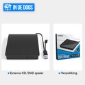 Inhoud van de doos: zwarte externe CD/DVD-speler en de verpakking.