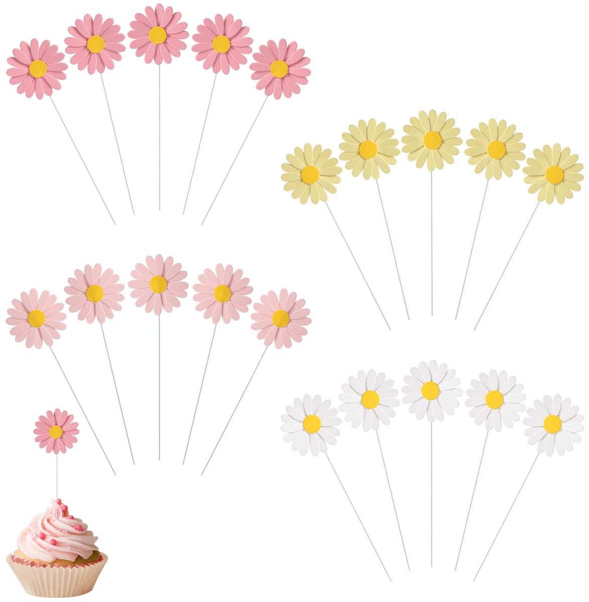 Dailygoods- Cupcake Toppers 20 Stuks - Taartdecoratie Madeliefje - Bloem Thema - Verjaardagsfeestje - Baby Shower - Papier/IJzer Decoraties - Taartdecoraties