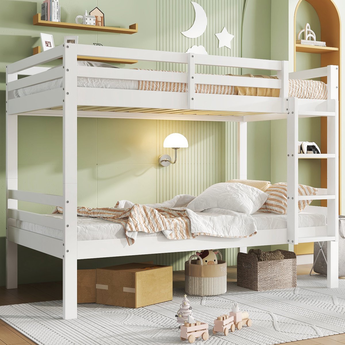 MEUNIQ stapelbed voor kinderen 90x200 cm, deelbaar in 2 eenpersoonsbedden, met 3-trede hoekladder en uitvalbeveiliging, grenenhouten frame, wit