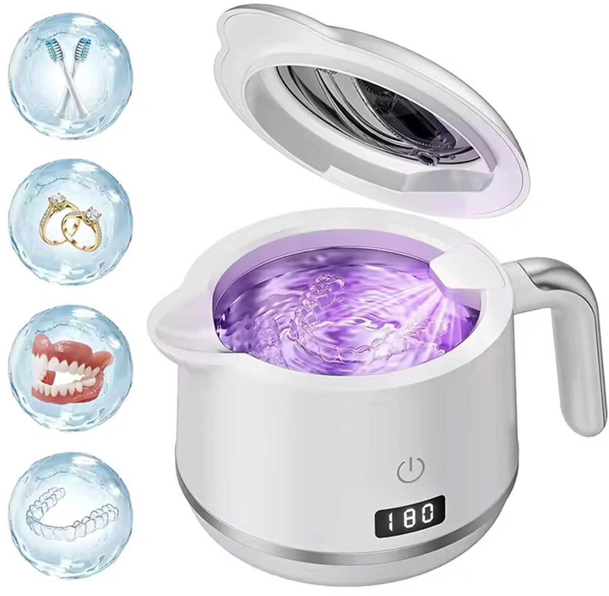 Ultrasone reiniger - 180 ml - Met UV-lamp - UV-sterilisatie - Geschikt voor het reinigen van brillen, sieraden en gebitsprothesen - Europese norm - Wit