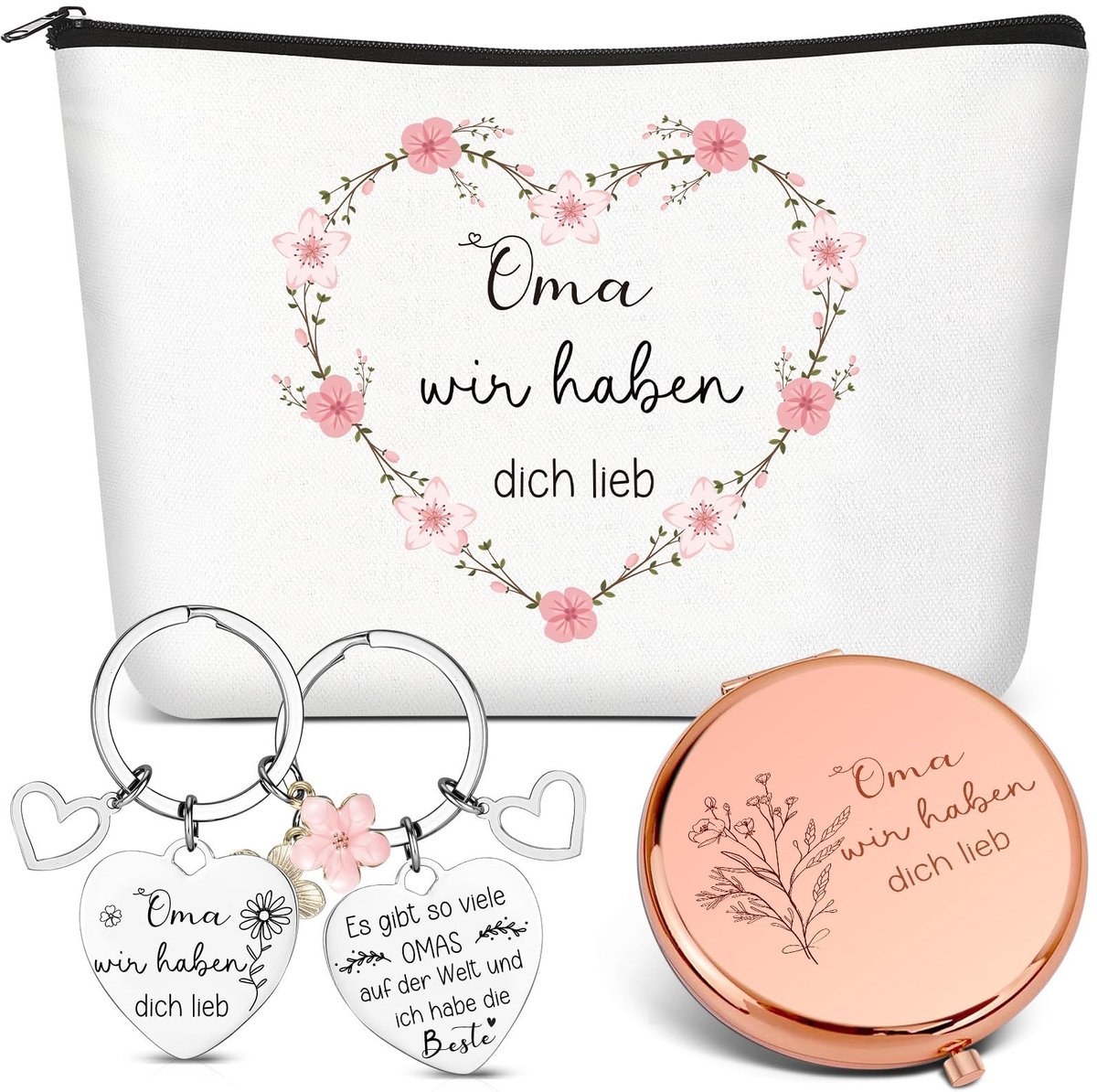 Dailygoods- Make-uptasjes Set van 3 - Inklapbare Zakspiegel - Sleutelhanger met Gravure - Cadeau voor Oma - Lichtgewicht en Handzaam - Geschikt voor Diverse Gelegenheden - Cosmetictas