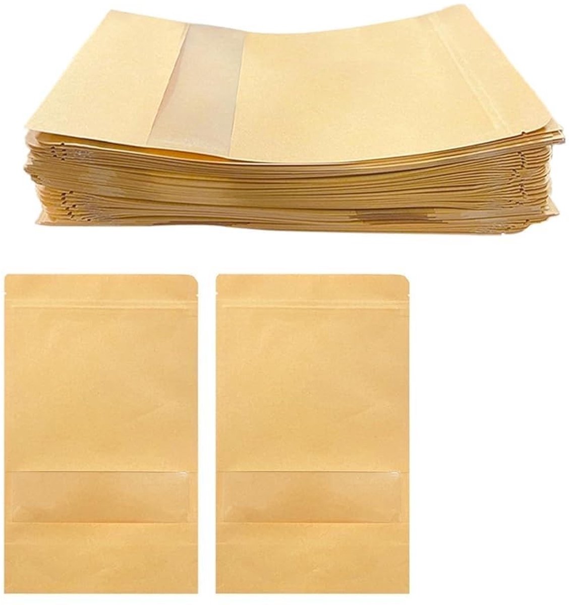 Dailygoods - 50 stuks kraftpapieren zakjes met venster, 10 x 15 + 3 cm
