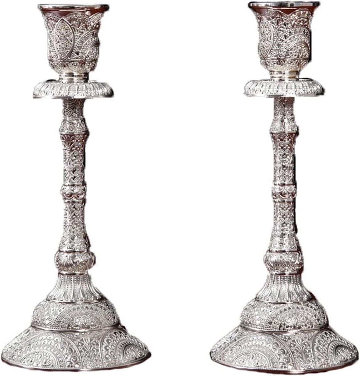 Kaarshouders Metaal - Set Kandelaars - Sfeerverlichting Creëren - Gedetailleerd Reliefpatroon - 8x19cm - Zilver
