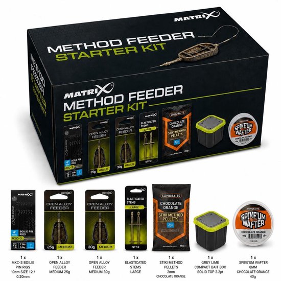 Matrix Method Feeder Starter Kit met feeders, haken, pellets en een bait box.