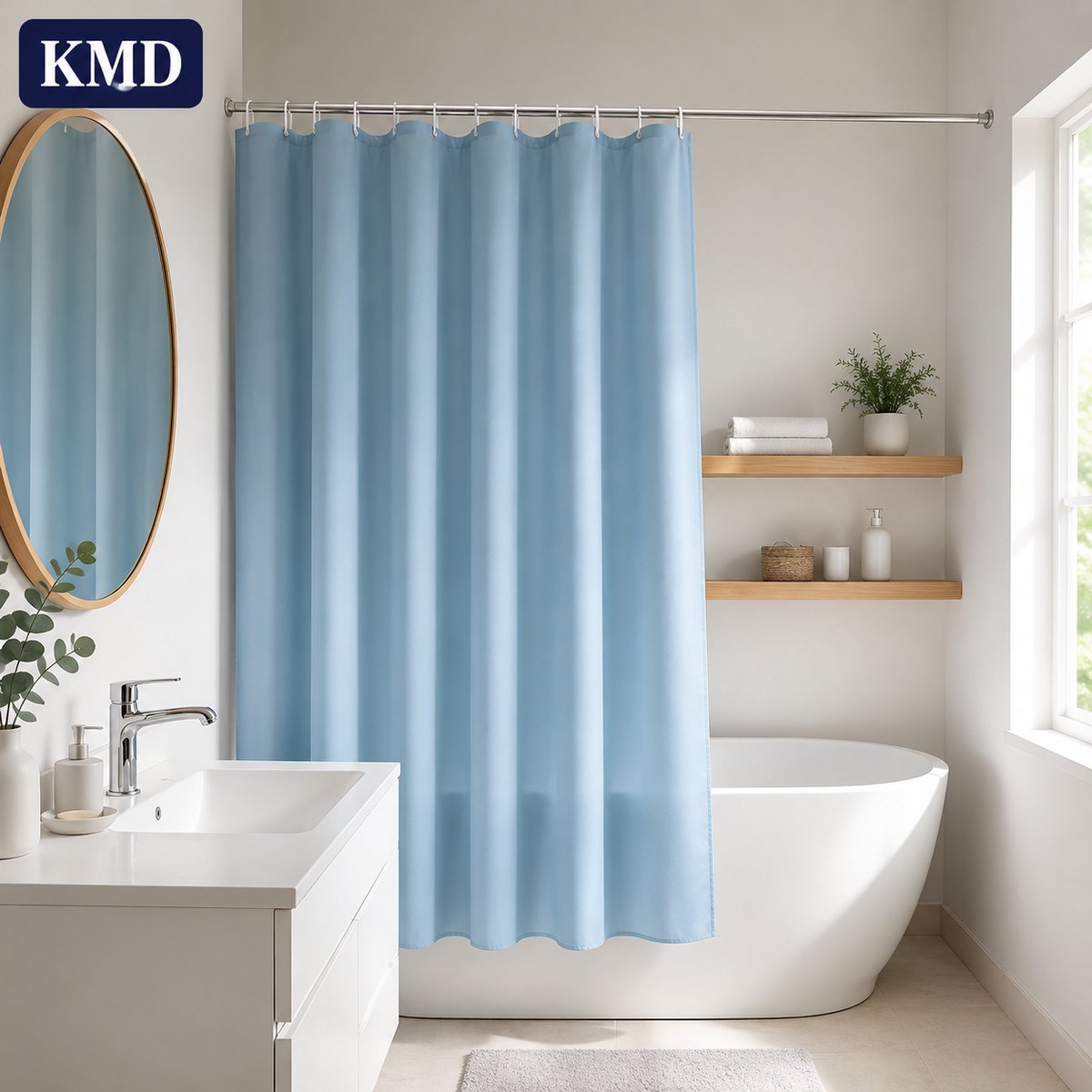 KMD Douchegordijn Polyester waterdicht 150x150 cm lichtblauw met roestvrijstalen ringen machinewasbaar
