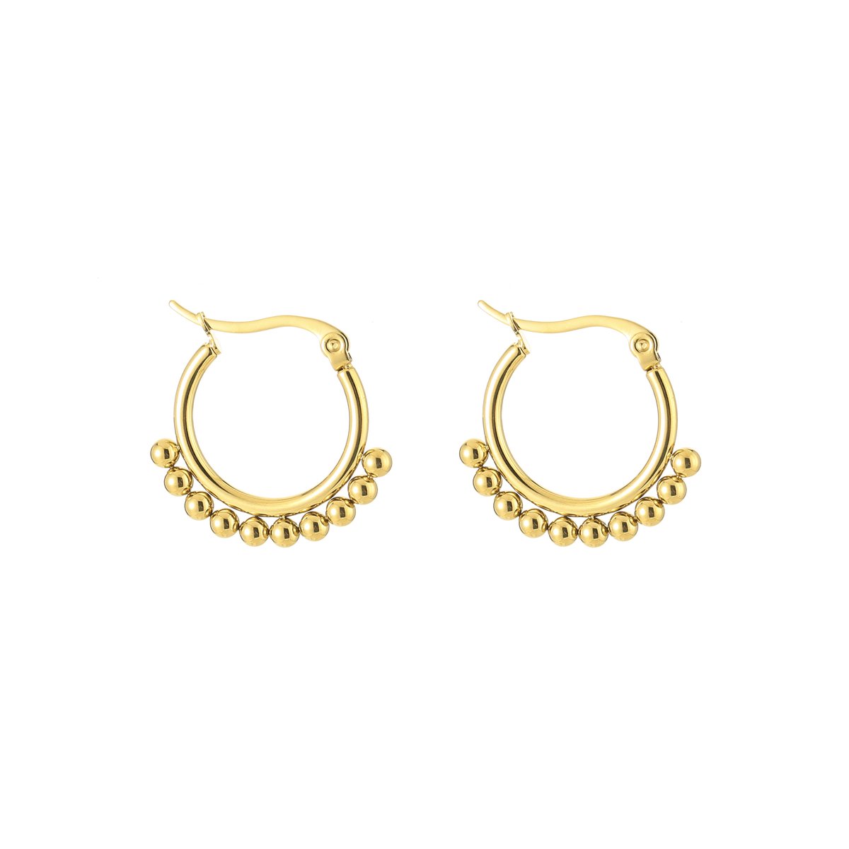 Stainless Steel Beaded Outer Edge Bali Hoops – Luxe Bali Oorringen met Bolletjesrand – RVS - Goud