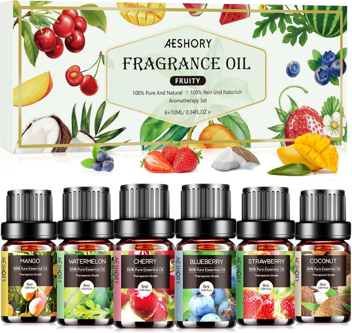 SnelShoppen - Fruity Aromatherapy Geurset 6x10ML - Natuurlijke Essentiële Oliën - Aardbei, Blauwebes, Kers, Kokosnoot, Watermeloen, Mango - Voor Diffu