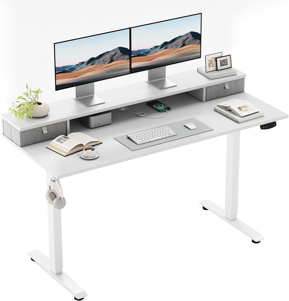 SnelShoppen - Verstelbaar Bureau met Dubbele Lades, Elektrisch Hoogte Verstelbaar Bureau, Ergonomisch Staand Bureau 100x60 cm, Wit, Thuiswerken, Kanto
