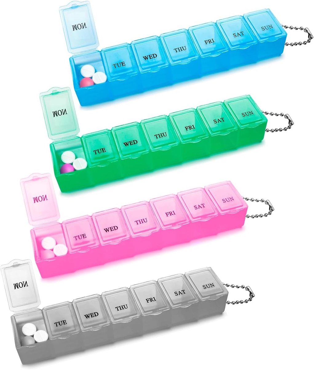 4-delige Tablet Box voor 7 Dagen, 7 Compartimenten, Regenboog Pillendoos, Medicijn Organizer, Makkelijk te Openen, Ideaal voor Reizen en Thuisgebruik
