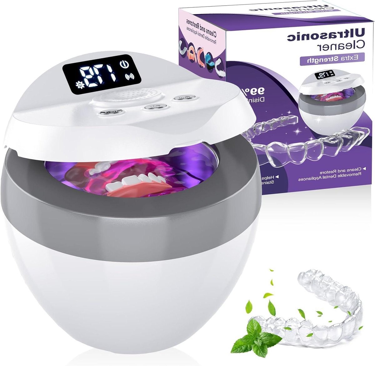 Ultrasoon Reiniger - Mondstuk Reiniger - Hygiënisch Reinigen - Met UV Desinfectie - 200 ml Inhoud - Wit