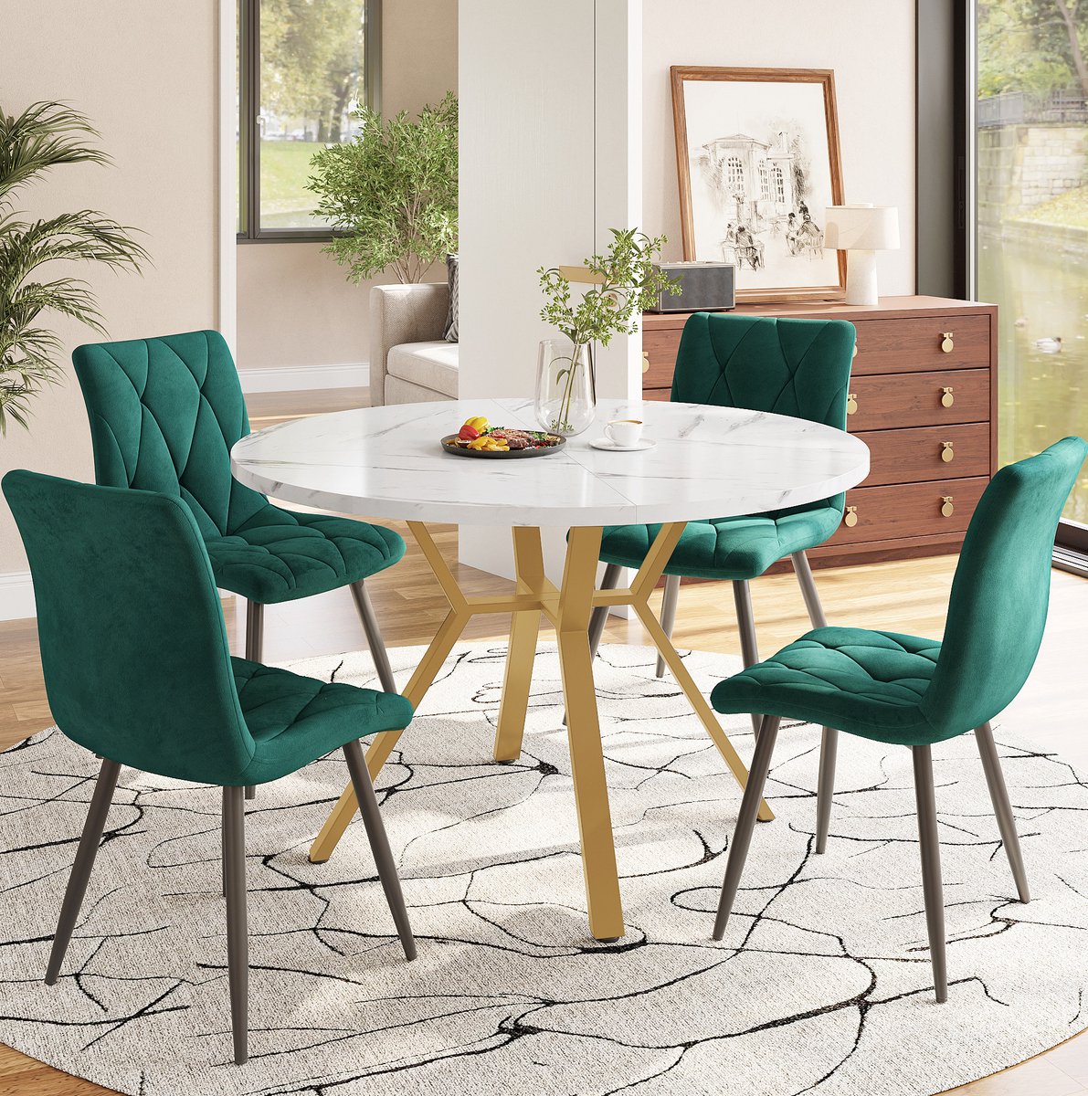 COVREO Ronde eettafelset 100 cm groen, MDF en metaal, 4 stoelen