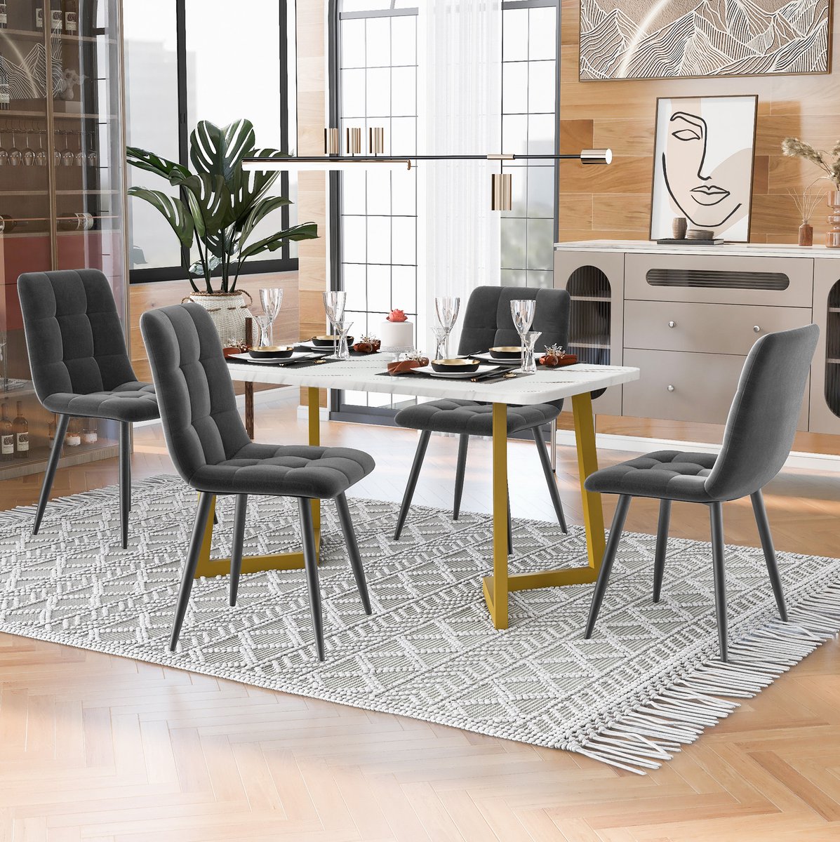 COVREO Eettafel set 117 x 68 x 75 cm, grijs, MDF, modern met 4 stoelen