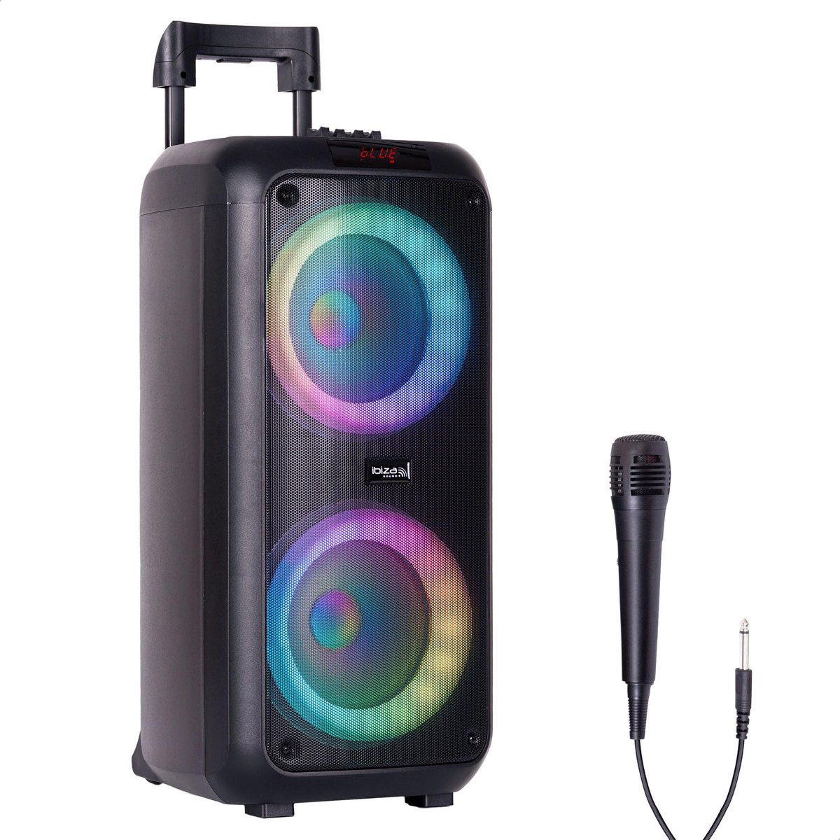SnelShoppen - Draagbare Karaoke Luidspreker met 2x8" Woofers, 600W, LED Verlichting, Bluetooth, USB, microSD, AUX, Inclusief Microfoon, Zwart voor Fee