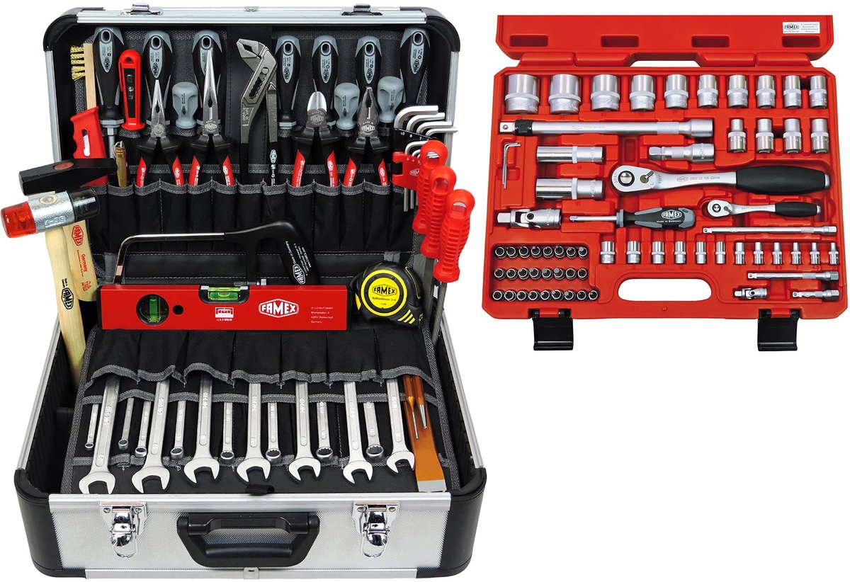 SnelShoppen - FAMEX 420-18 Aluminium Gereedschapskoffer met Hoogwaardige Gereedschapsset en Steeksleutelset voor Professioneel Gebruik - Compleet en D