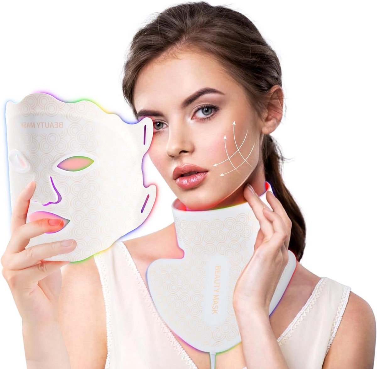 Gezichtsmasker LED Therapie - Huidverzorging Masker - Huidverbetering Thuis - 7 Kleuren Lichttherapie - Gezicht Nek - Wit
