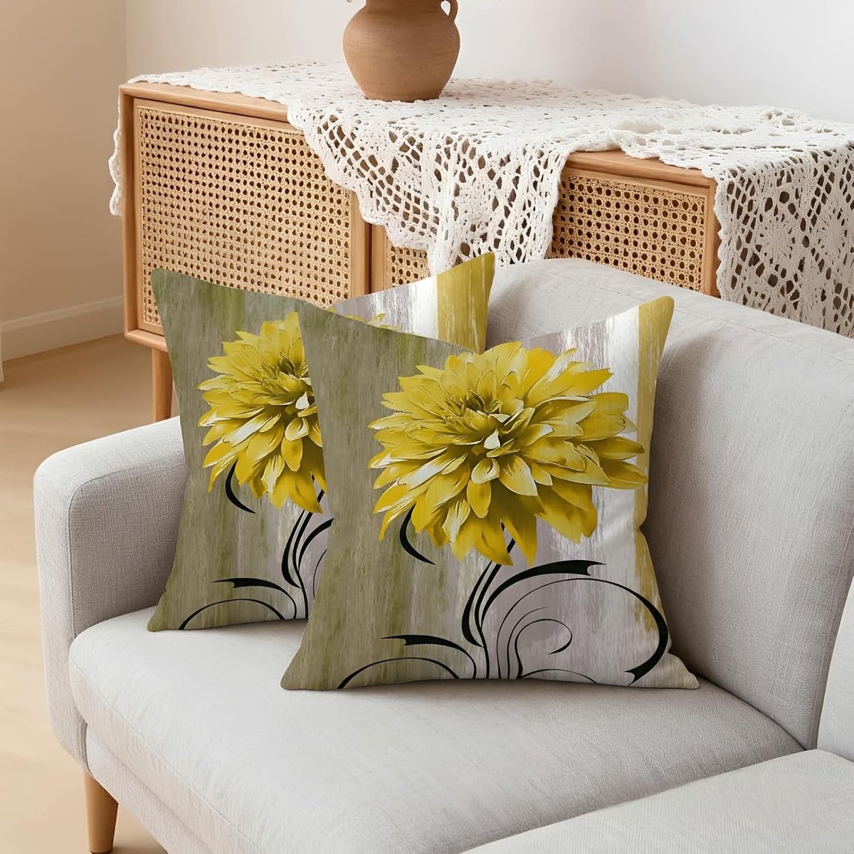 Decoratieve gele kussenhoezen met dahlia patroon, set van 2, 40 x 40 cm, linnen, modern, voor woonkamer en slaapkamer, herfst decoratie