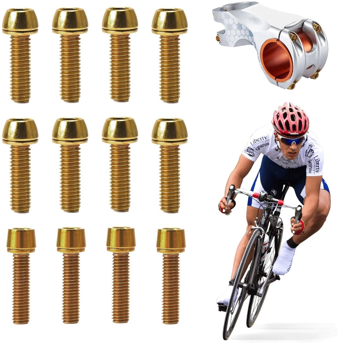 Set van 12 Fietsschroeven voor Fietskettingen en Stuur, Aluminium met Ringen, M5 x 20mm en M6 x 20mm, Geschikt voor Race- en Mountainbikes (Goud)