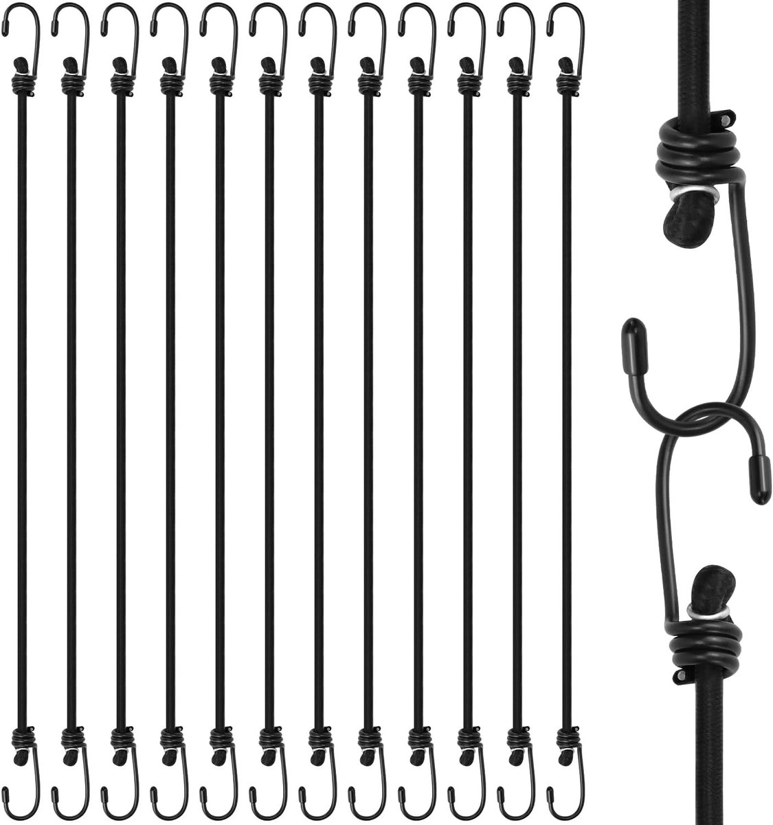 12 Stuks 60 cm Robuuste Bungee Koorden met Haken, Multifunctionele Elastische Touwen voor Bagage en Kamperen