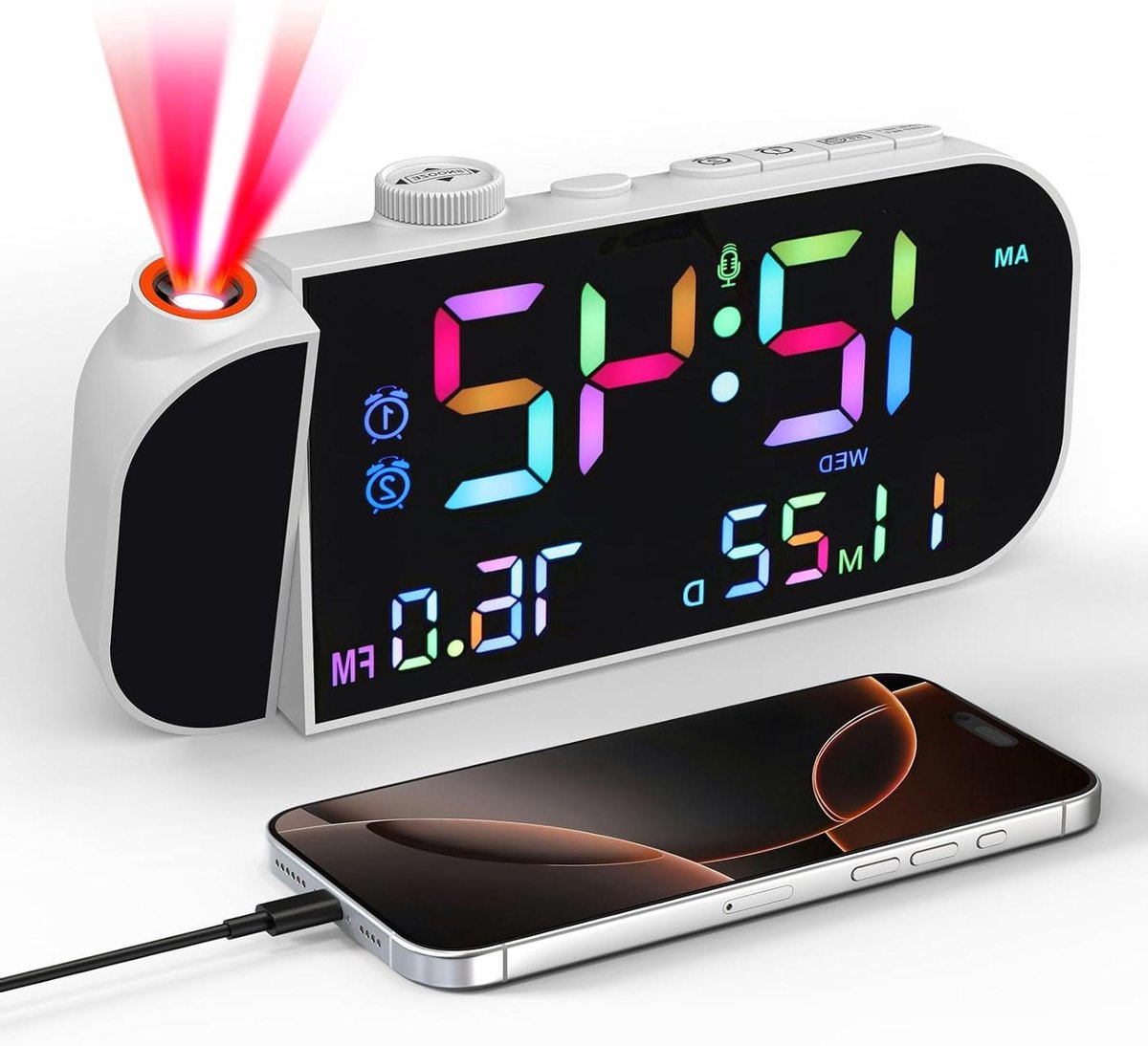 Projectiewekker met radio - Digitale klok - Wakker worden - Draaibare projector - Groot display - Wit